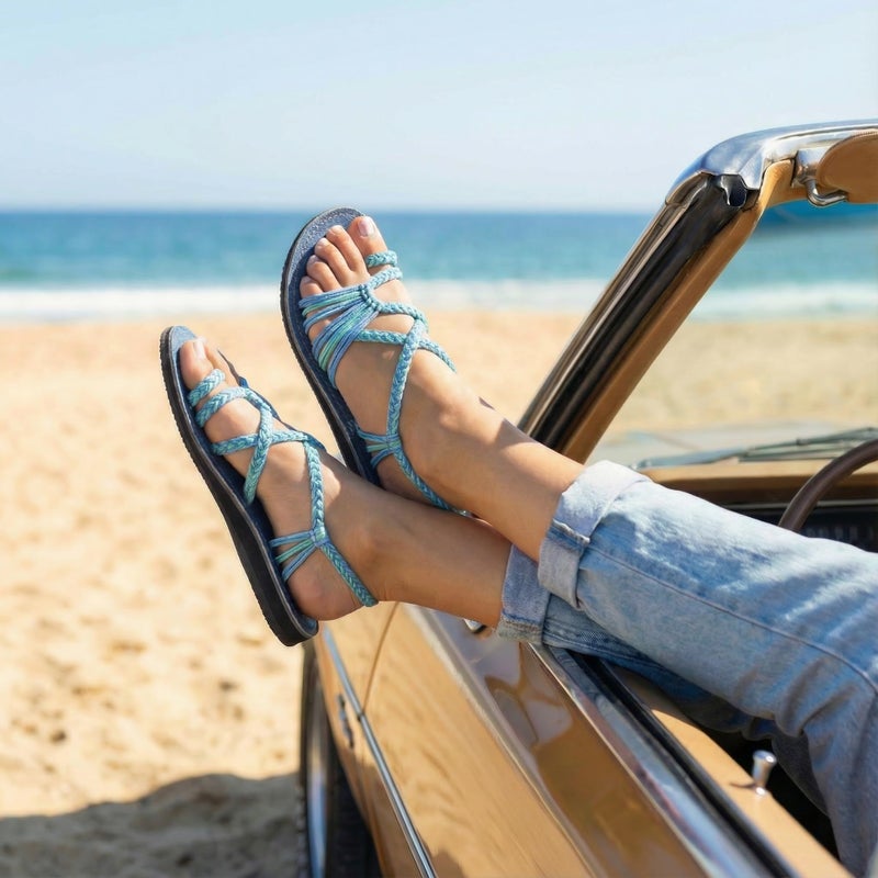 Plaka Palm Leaf Flat Summer Sandals for Women | Perfect for the Beach Walking & Dressy Occasions | Cornflower | Size 8 - Image 5
